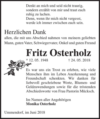 Traueranzeige von Fritz Osterholz  von Magdeburger Volksstimme