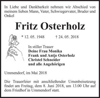 Traueranzeige von Fritz Osterholz  von Magdeburger Volksstimme
