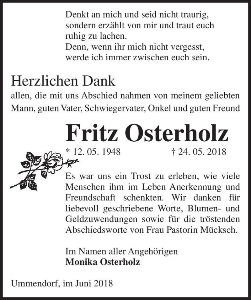  Traueranzeige für Fritz Osterholz  vom 16.06.2018 aus Magdeburger Volksstimme