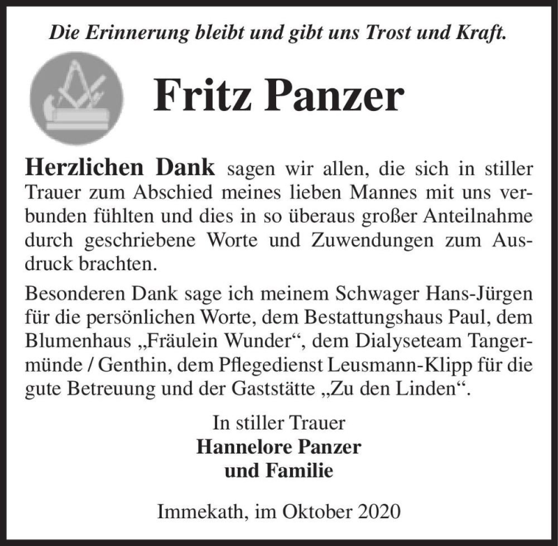  Traueranzeige für Fritz Panzer  vom 23.10.2020 aus Magdeburger Volksstimme
