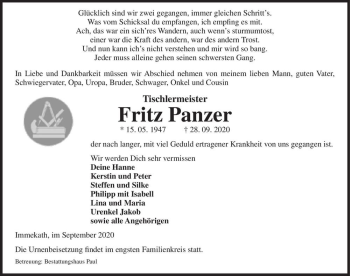 Traueranzeige von Fritz Panzer  von Magdeburger Volksstimme