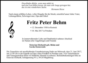 Traueranzeige von Fritz Peter Behm  von Magdeburger Volksstimme