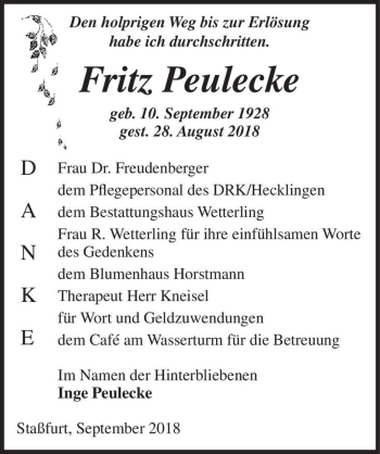Traueranzeige von Fritz Peulecke  von Magdeburger Volksstimme
