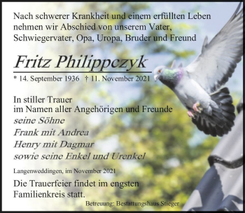 Traueranzeige von Fritz Philippczyk  von Magdeburger Volksstimme