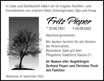 Traueranzeige von Fritz Pieper  von Magdeburger Volksstimme