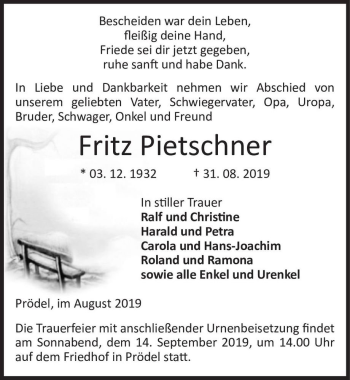Traueranzeige von Fritz Pietschner  von Magdeburger Volksstimme