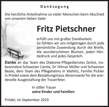 Traueranzeige von Fritz Pietschner  von Magdeburger Volksstimme