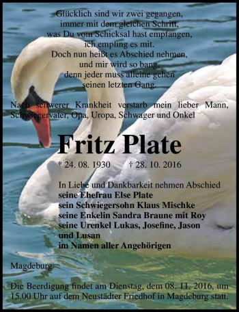 Traueranzeige von Fritz Plate  von Magdeburger Volksstimme