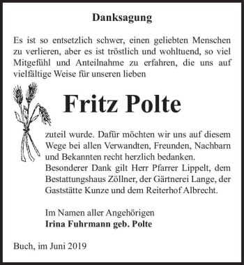 Traueranzeige von Fritz Polte  von Magdeburger Volksstimme