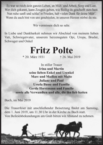 Traueranzeige von Fritz Polte  von Magdeburger Volksstimme