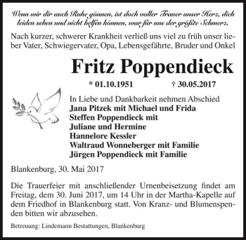 Traueranzeige von Fritz Poppendieck  von Magdeburger Volksstimme