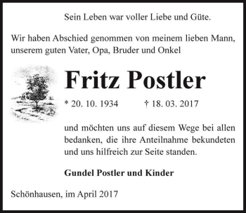 Traueranzeige von Fritz Postler  von Magdeburger Volksstimme