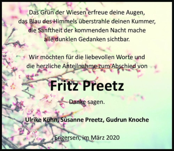 Traueranzeige von Fritz Preetz  von Magdeburger Volksstimme