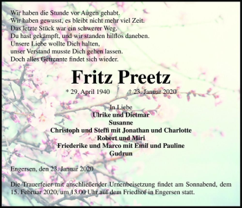 Traueranzeige von Fritz Preetz  von Magdeburger Volksstimme
