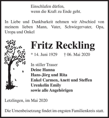 Traueranzeige von Fritz Reckling  von Magdeburger Volksstimme