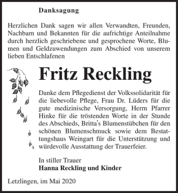 Traueranzeige von Fritz Reckling  von Magdeburger Volksstimme