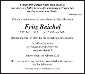 Traueranzeige von Fritz Reichel  von Magdeburger Volksstimme