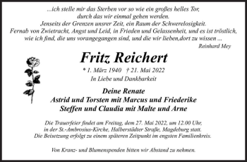 Traueranzeige von Fritz Reichert  von Magdeburger Volksstimme
