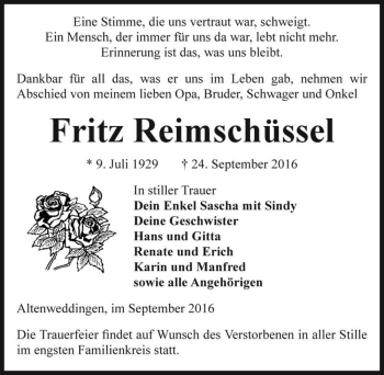 Traueranzeige von Fritz Reimschüssel  von Magdeburger Volksstimme