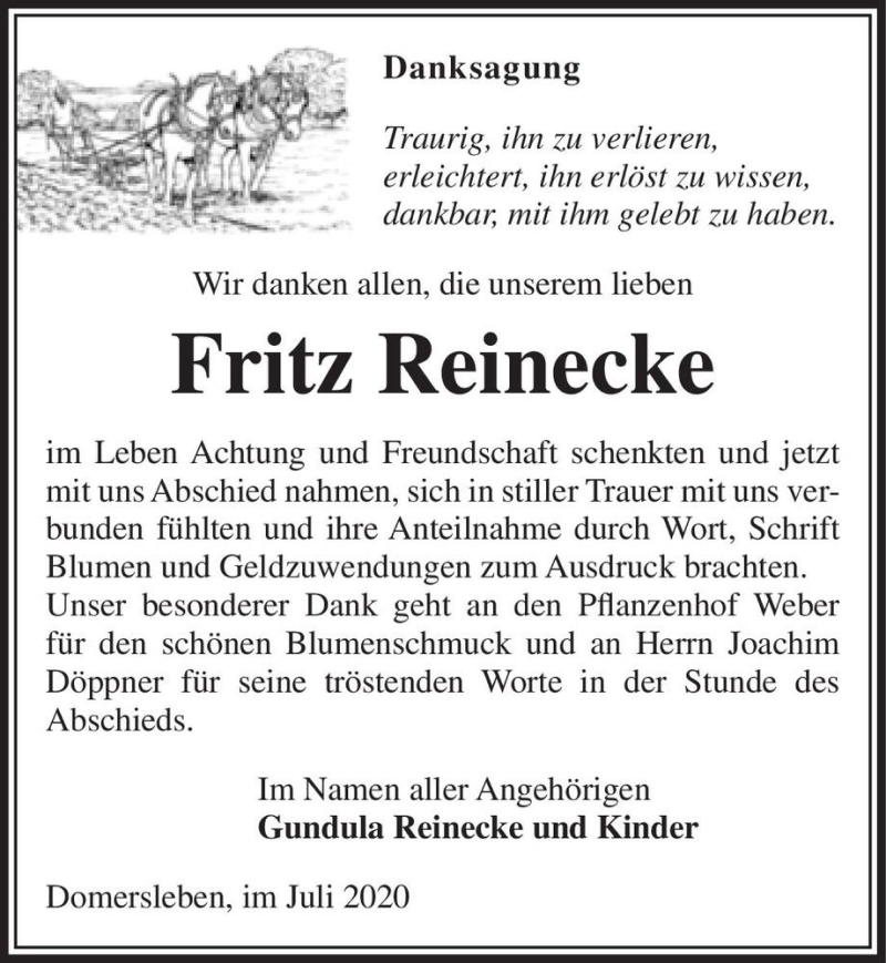  Traueranzeige für Fritz Reinecke  vom 18.07.2020 aus Magdeburger Volksstimme