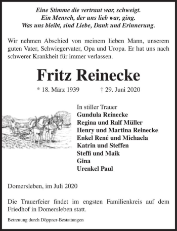 Traueranzeige von Fritz Reinecke  von Magdeburger Volksstimme