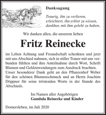Traueranzeige von Fritz Reinecke  von Magdeburger Volksstimme