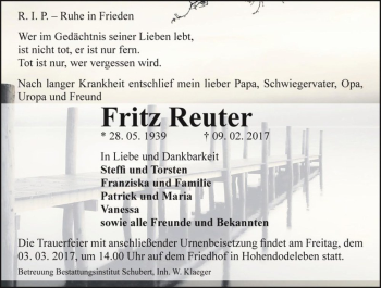 Traueranzeige von Fritz Reuter  von Magdeburger Volksstimme