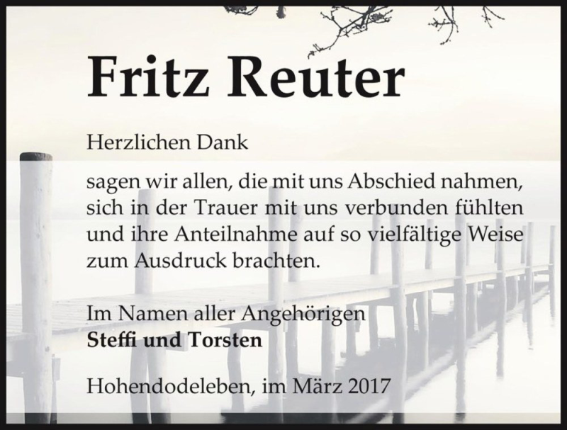  Traueranzeige für Fritz Reuter  vom 18.03.2017 aus Magdeburger Volksstimme