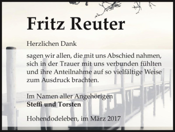 Traueranzeige von Fritz Reuter  von Magdeburger Volksstimme