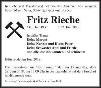 Traueranzeige von Fritz Rieche  von Magdeburger Volksstimme