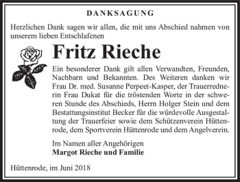 Traueranzeige von Fritz Rieche  von Magdeburger Volksstimme