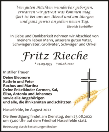 Traueranzeige von Fritz Rieche  von Magdeburger Volksstimme