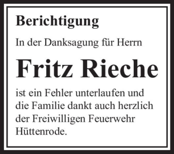 Traueranzeige von Fritz Rieche  von Magdeburger Volksstimme