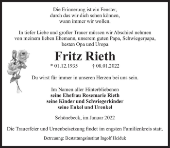 Traueranzeige von Fritz Rieth  von Magdeburger Volksstimme