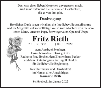 Traueranzeige von Fritz Rieth  von Magdeburger Volksstimme
