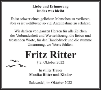 Traueranzeige von Fritz Ritter  von Magdeburger Volksstimme