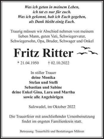 Traueranzeige von Fritz Ritter  von Magdeburger Volksstimme
