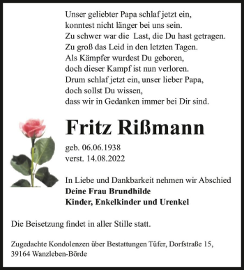 Traueranzeige von Fritz Rißmann  von Magdeburger Volksstimme