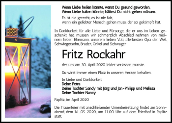 Traueranzeige von Fritz Rockahr  von Magdeburger Volksstimme