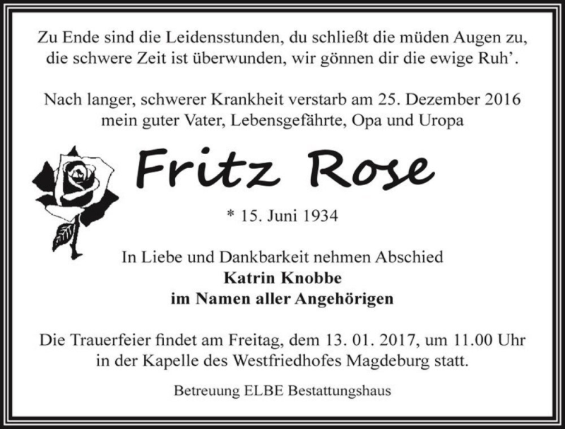  Traueranzeige für Fritz Rose  vom 07.01.2017 aus Magdeburger Volksstimme