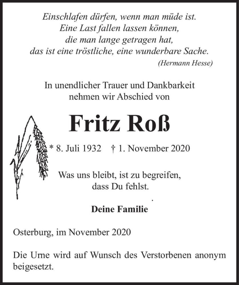  Traueranzeige für Fritz Roß  vom 05.11.2020 aus Magdeburger Volksstimme