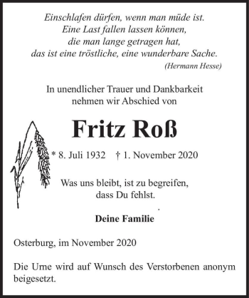 Traueranzeige von Fritz Roß  von Magdeburger Volksstimme