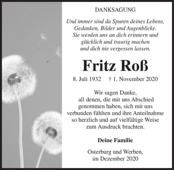 Traueranzeige von Fritz Roß  von Magdeburger Volksstimme