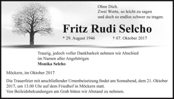 Traueranzeige von Fritz Rudi Selcho  von Magdeburger Volksstimme