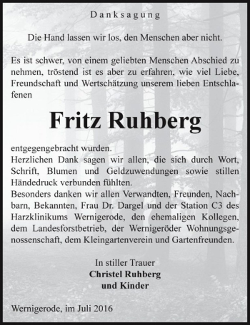 Traueranzeige von Fritz Ruhberg  von Magdeburger Volksstimme