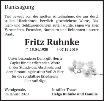 Traueranzeige von Fritz Ruhnke  von Magdeburger Volksstimme