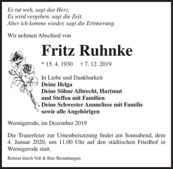Traueranzeige von Fritz Ruhnke  von Magdeburger Volksstimme