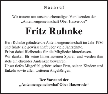 Traueranzeige von Fritz Ruhnke  von Magdeburger Volksstimme