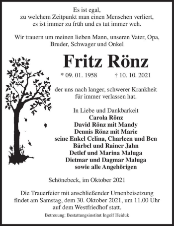 Traueranzeige von Fritz Rönz  von Magdeburger Volksstimme