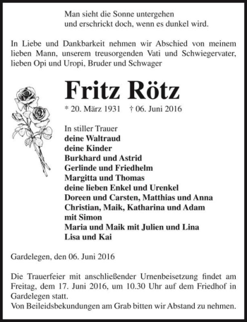 Traueranzeige von Fritz Rötz  von Magdeburger Volksstimme